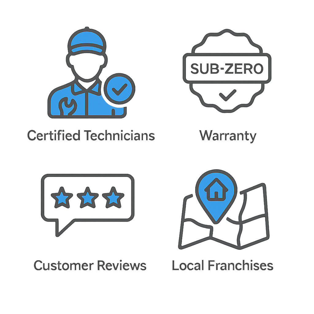 Icons representing certified technicians, warranty badges, customer reviews, and local franchise networks