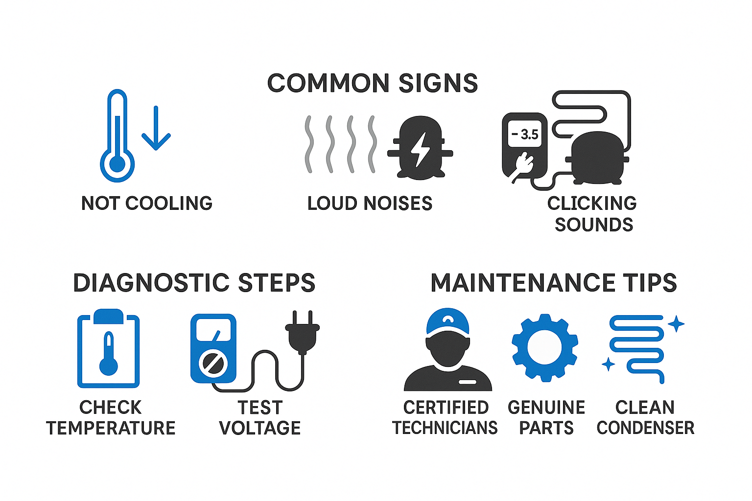 Infographic illustrating common signs of compressor failure and diagnostic steps for Sub Zero refrigerators