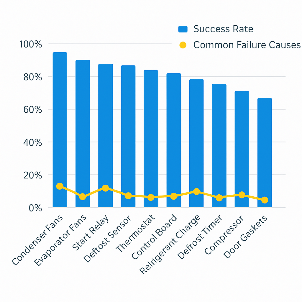 Data visualization showing cooling system diagnostic workflow with success rates and failure causes