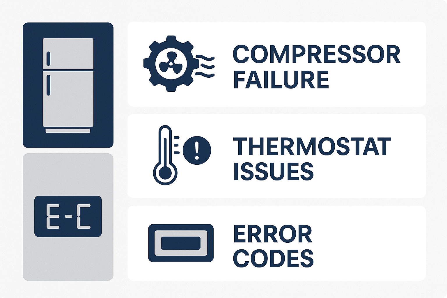 Visual flowchart illustrating common Thermador refrigerator problems including compressor failure, thermostat issues, and error codes.