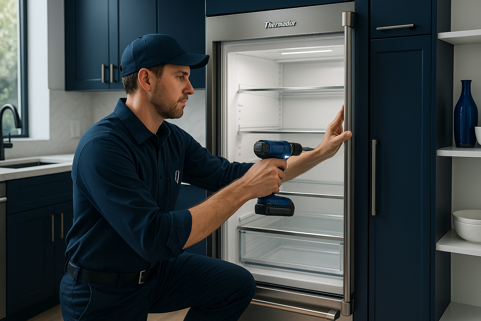Hero image of a Thermador technician working on a refrigerator in Los Angeles.