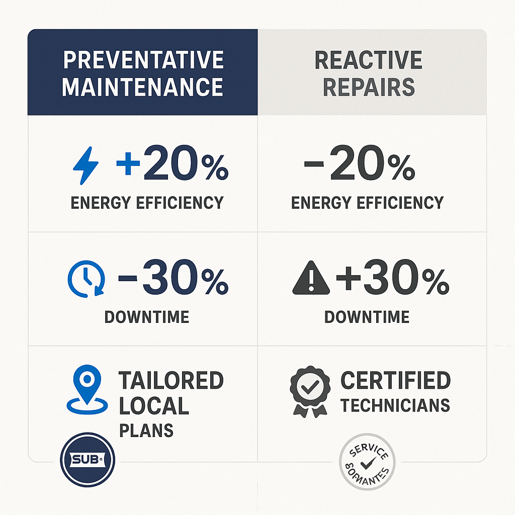 Benefits of preventative maintenance contrasted against reactive repairs illustrating trust and cost-effectiveness.