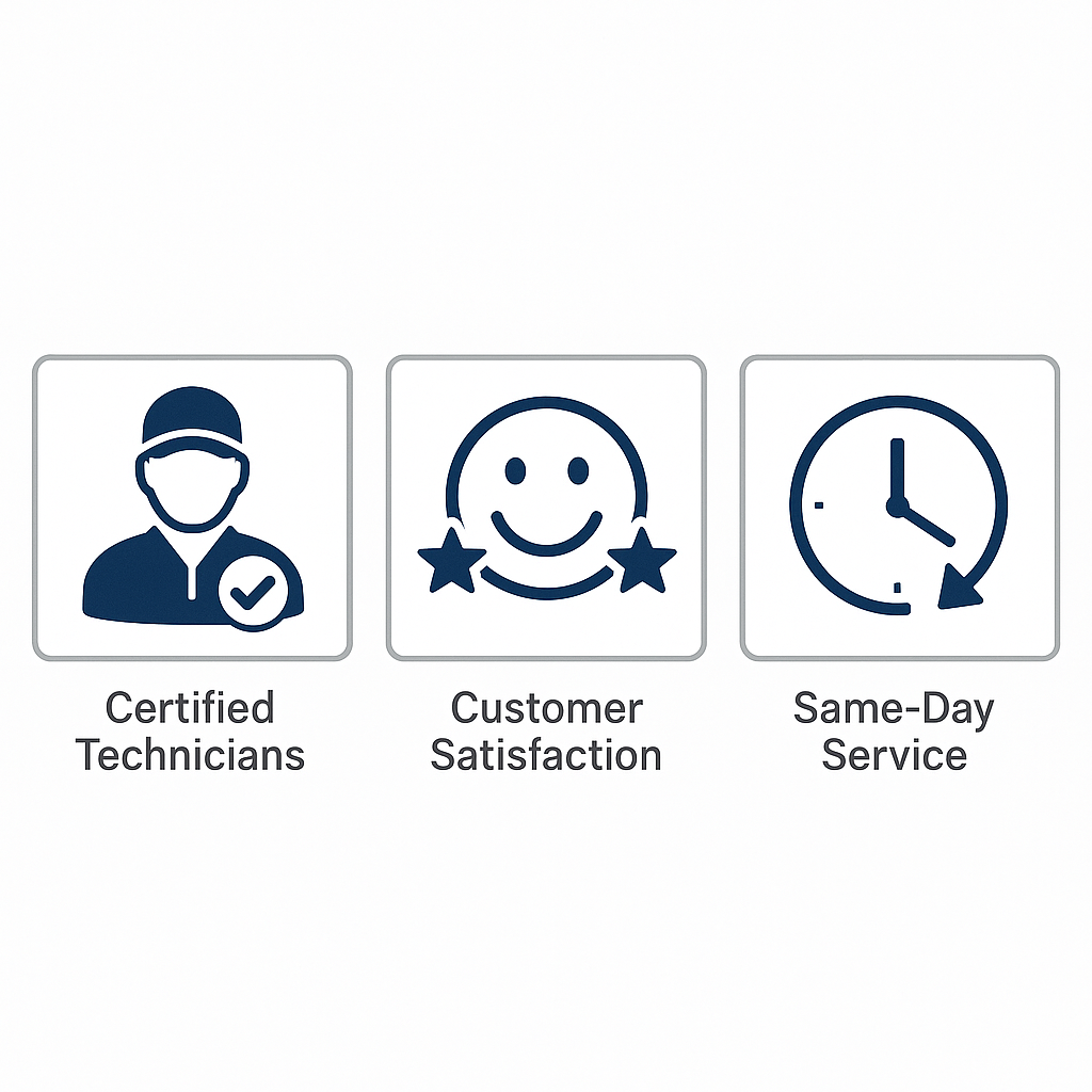 Icon set representing certified technicians, customer satisfaction, and same-day service availability.