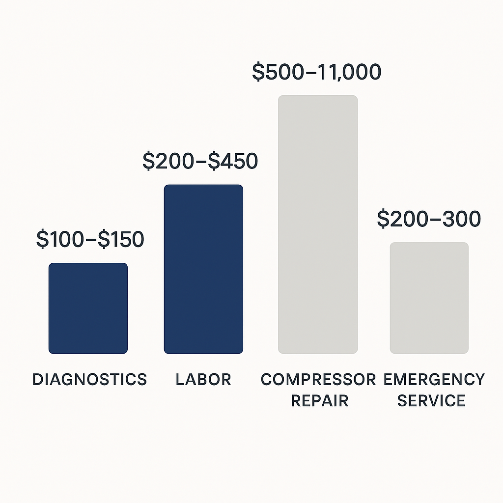 Side-by-side comparison chart of typical Thermador refrigerator repair costs including diagnostics, labor, compressor repair, and emergency service premiums.