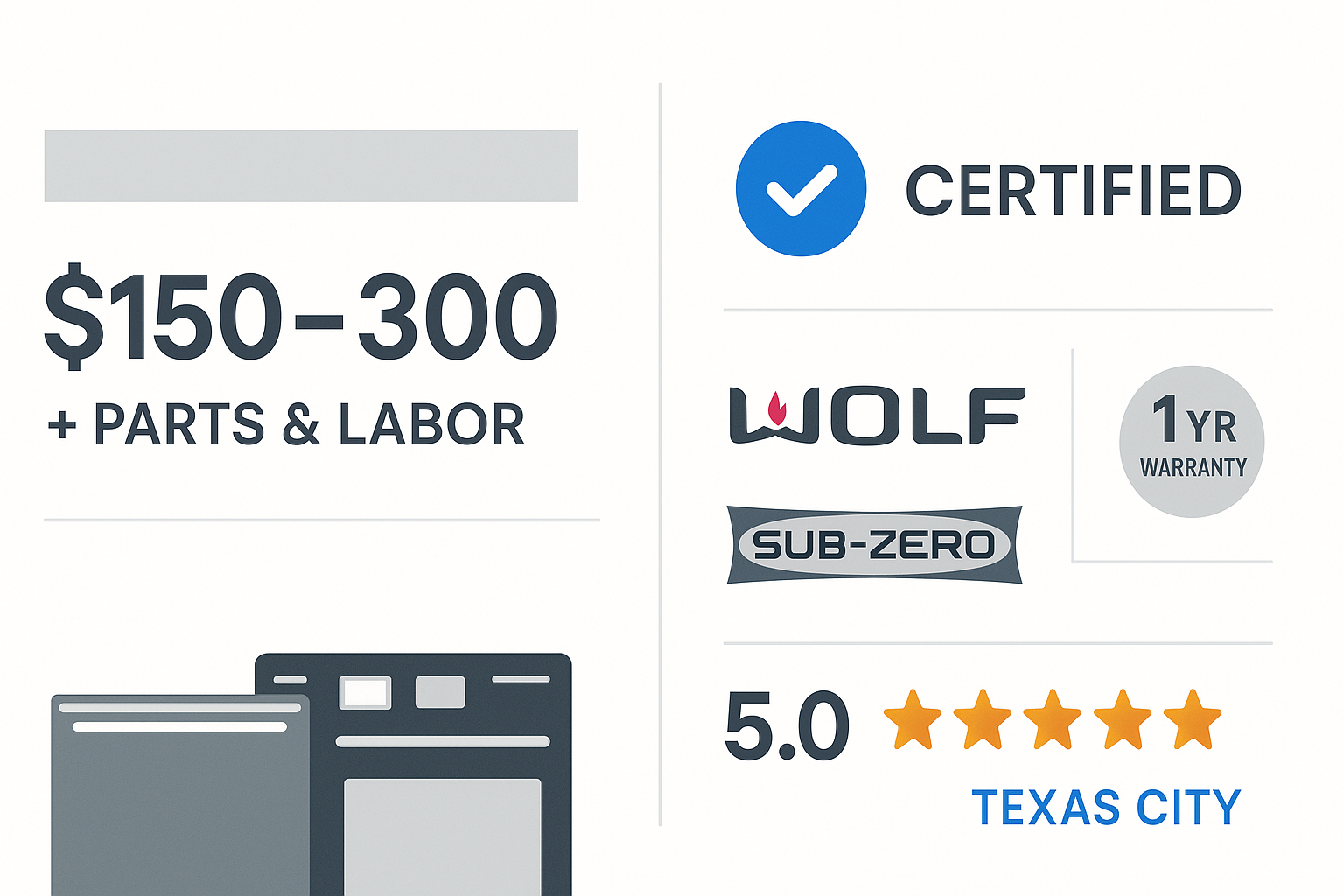 Infographic showing Wolf and Sub Zero service pricing breakdown and service options for Texas City
