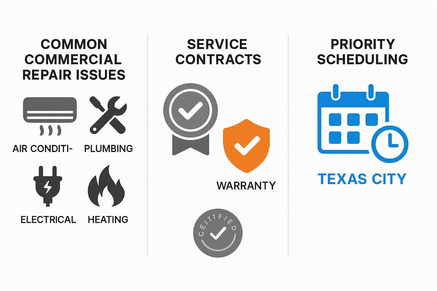 Infographic on common commercial appliance repair issues and benefits of service contracts in Texas City