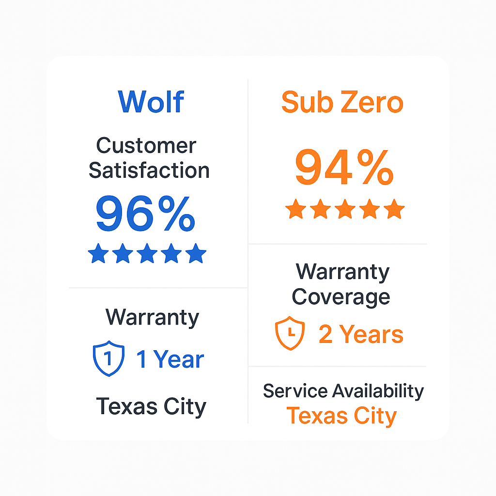 Comparison chart of customer satisfaction, warranty coverage, and service availability for Wolf and Sub Zero repairs in Texas City