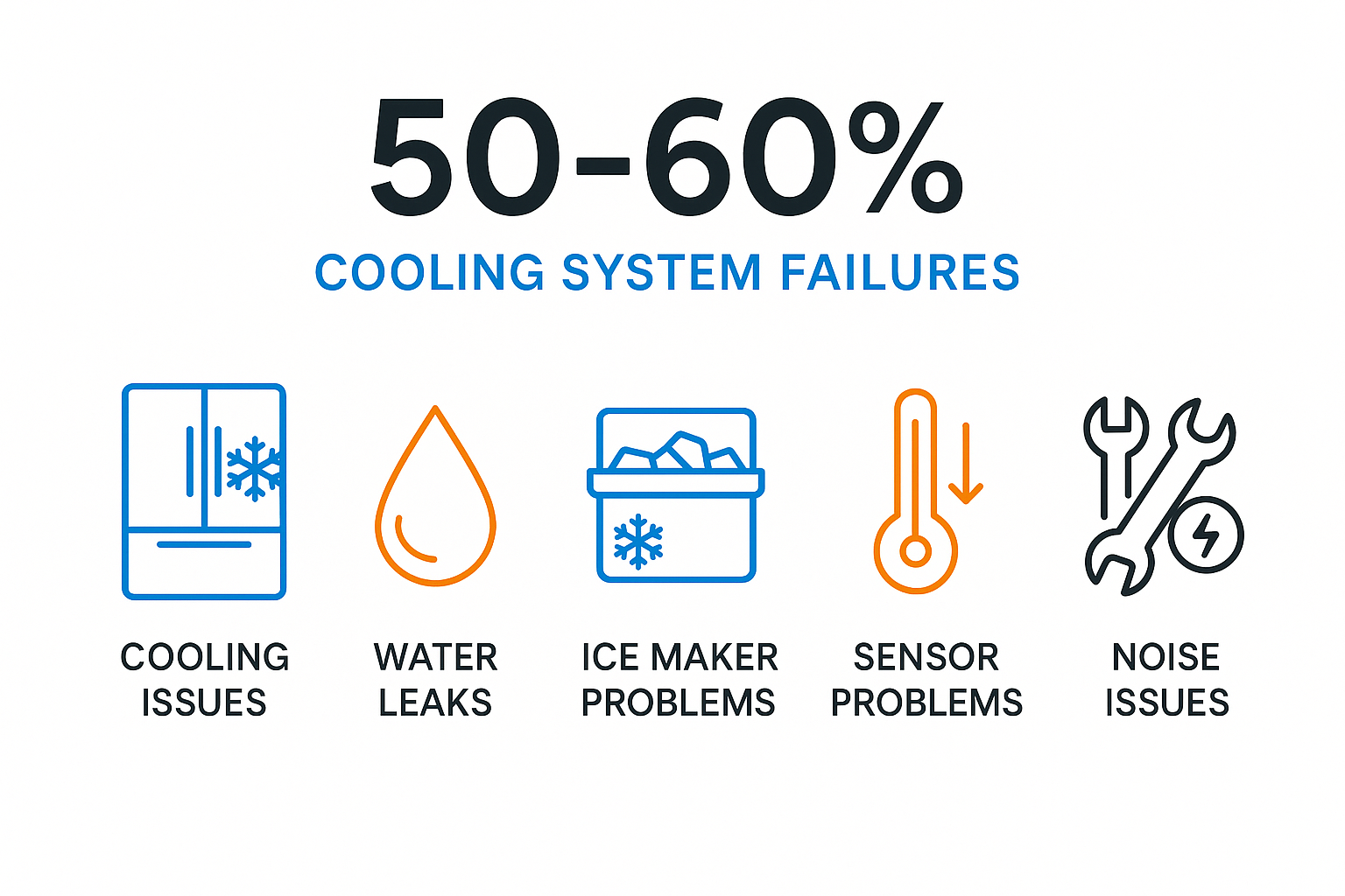 Infographic illustrating top 5 common issues with Subzero refrigerators such as cooling failures, water leaks, and sensor problems