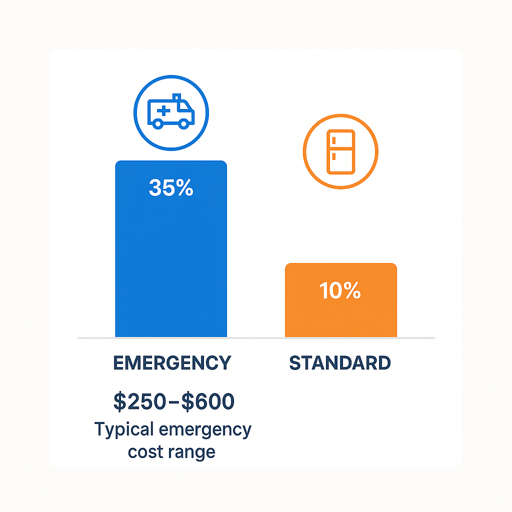 Comparison chart of emergency versus standard repair costs for Sub Zero refrigerators