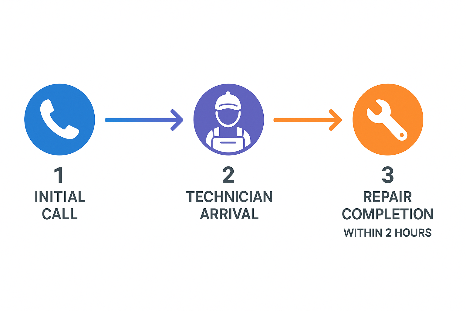 Step-by-step flowchart showing emergency repair process from call to completion within two hours