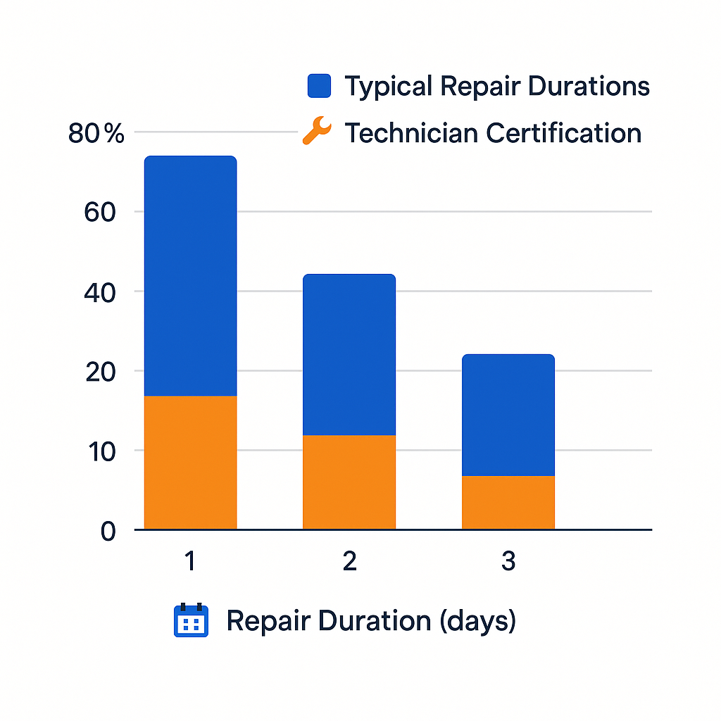 Bar chart showing repair durations and technician certification rates for luxury appliances