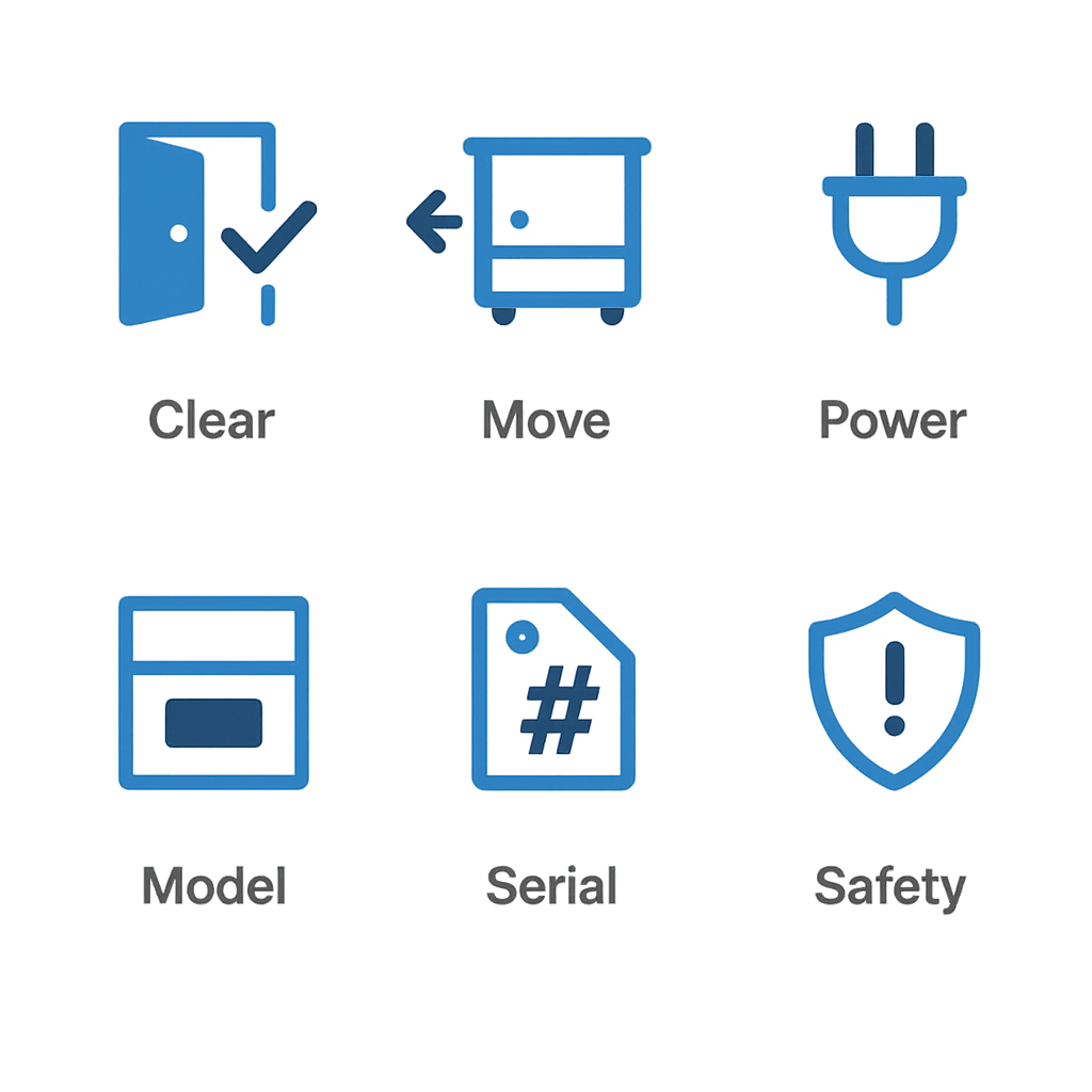 Icon set illustrating steps to prepare for emergency repair visit