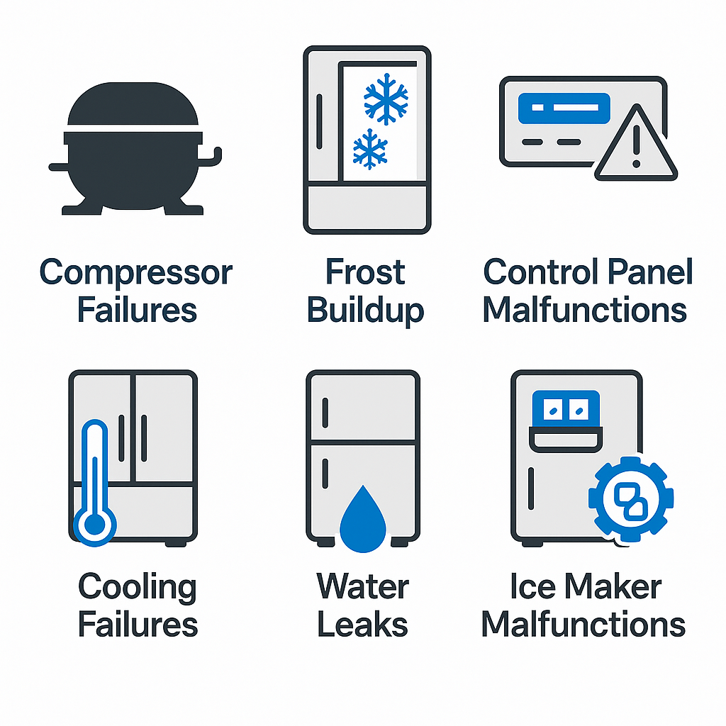 Visual guide infographic showing common issues and solutions for Sub Zero refrigerators