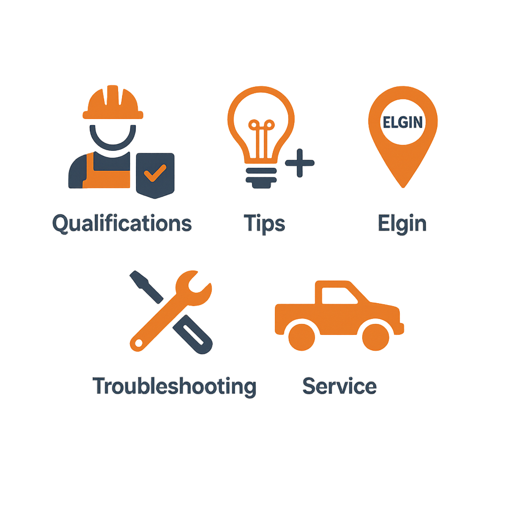 Icon collection emphasizing key factors in choosing the right Sub Zero repair service in Elgin.