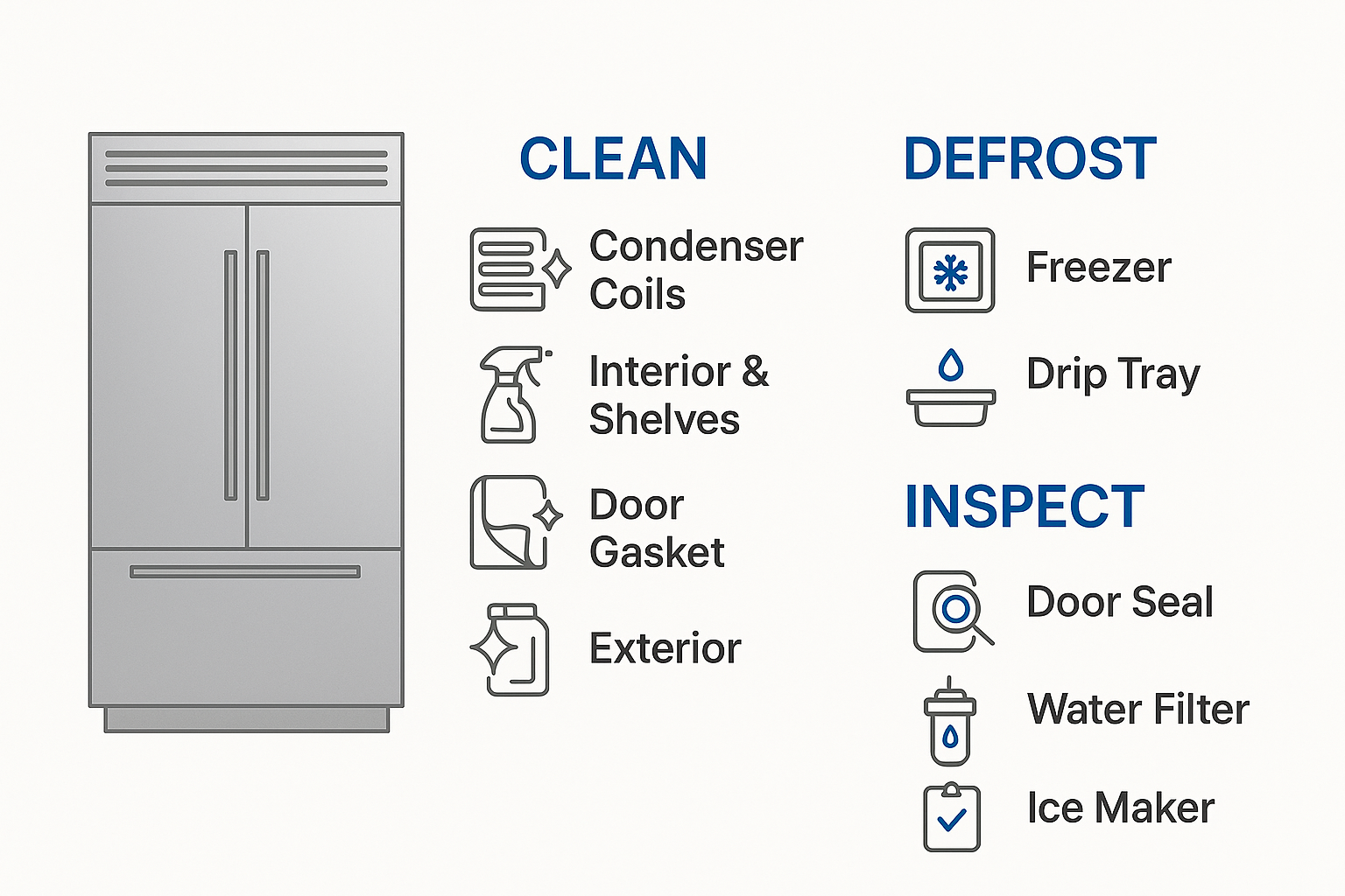 Maintenance checklist infographic for Sub Zero refrigerators with cleaning and inspection steps