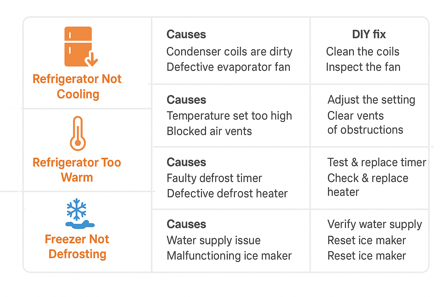 Infographic illustrating top 5 common Sub Zero refrigerator problems with causes and DIY fixes