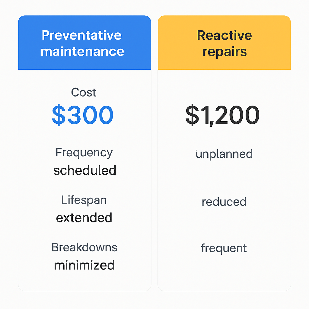 Side-by-side comparison of costs and outcomes between preventative maintenance plans and reactive repairs for luxury appliances