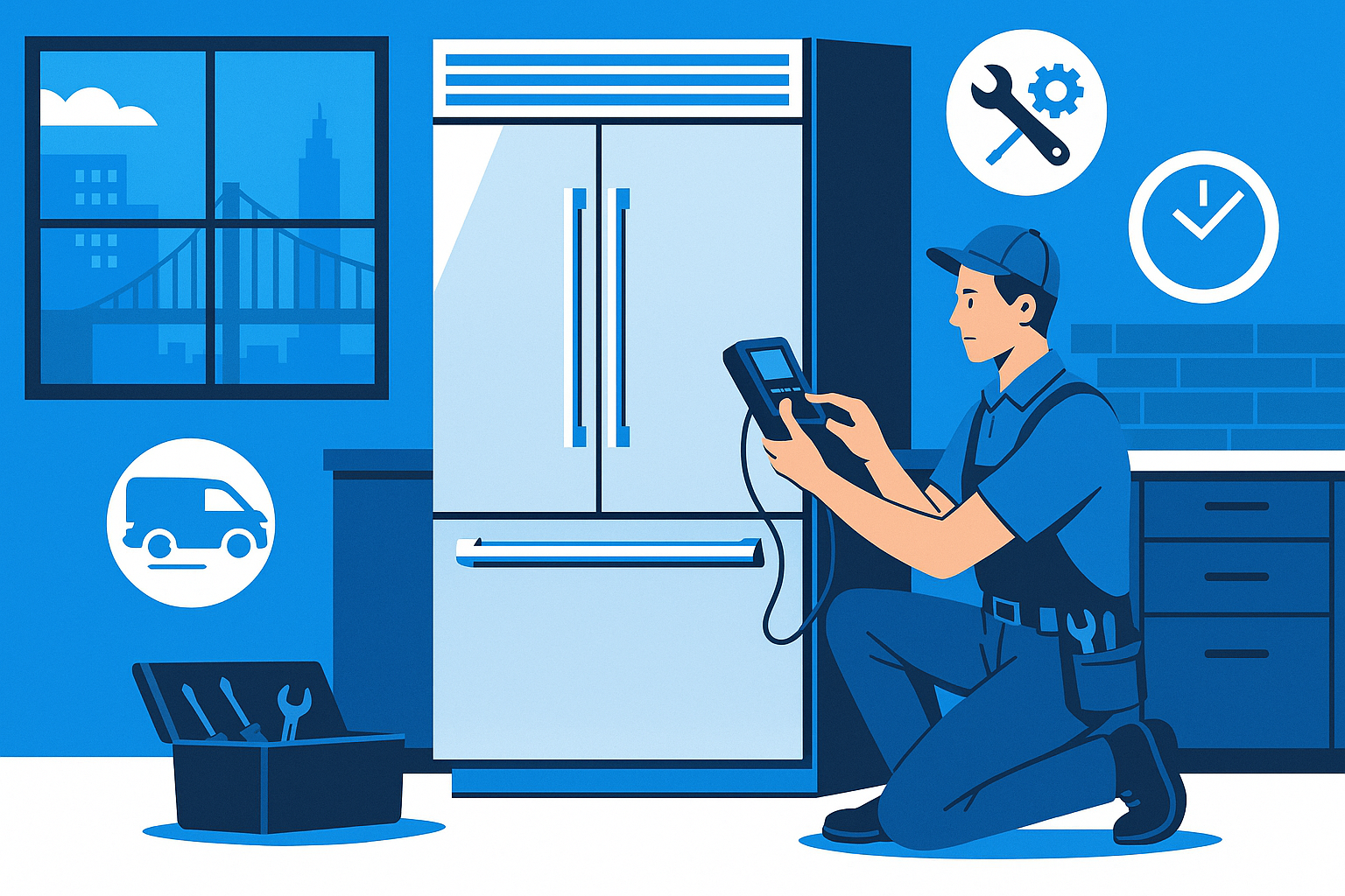 An expert technician repairing a Sub Zero fridge in a Brooklyn kitchen. The technician is focused, wearing a uniform, with tools visible. The kitchen is modern and clean, suggesting a high-end appliance setup.