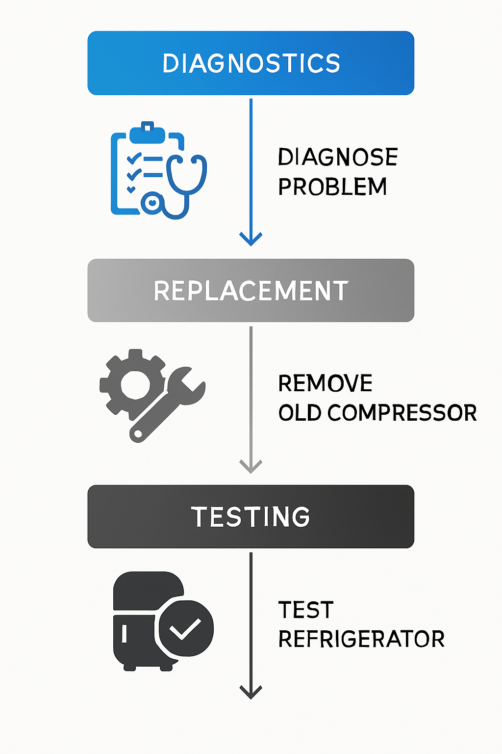 Vertical process flowchart showing same-day compressor replacement steps for Sub Zero refrigerators