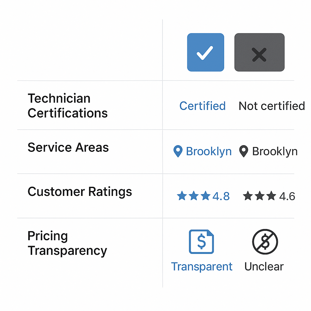 Side-by-side comparison chart of top Brooklyn Sub Zero repair services highlighting certifications, coverage, ratings, and pricing