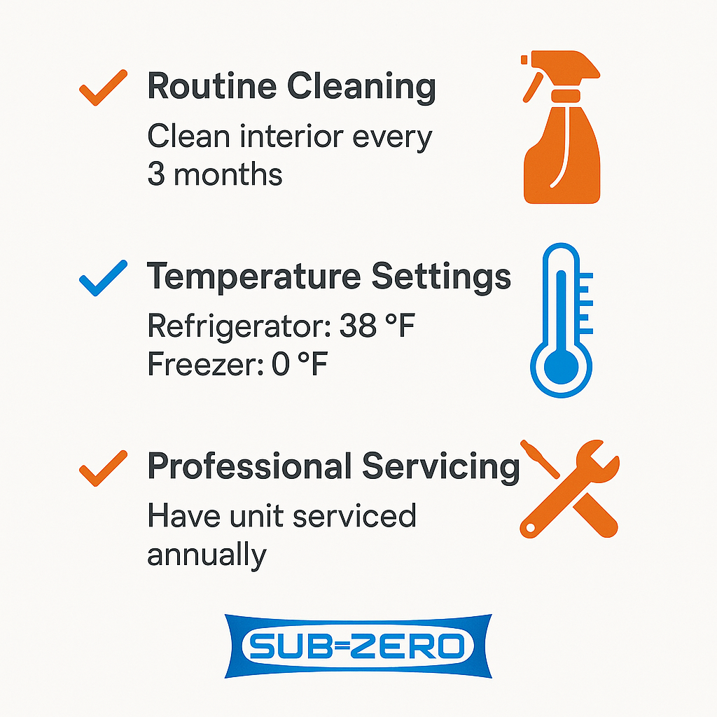 Checklist infographic with maintenance tips for optimal Sub Zero refrigerator performance