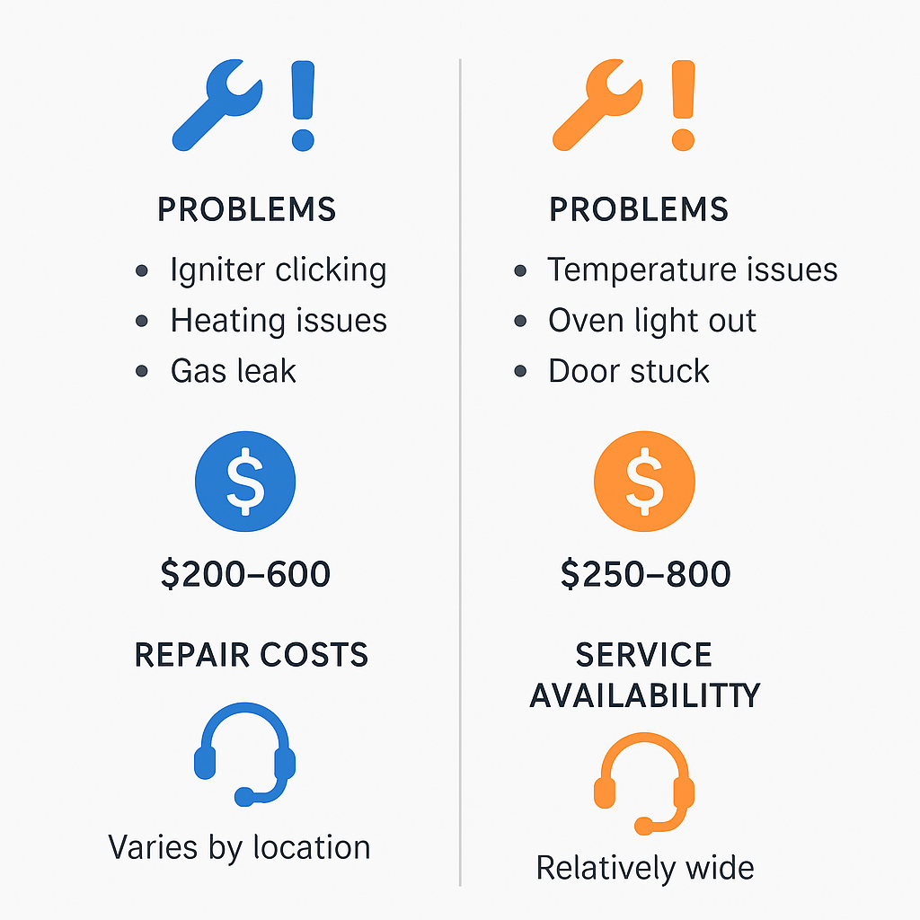 Side-by-side comparison infographic of common Wolf range problems, repair costs, and services