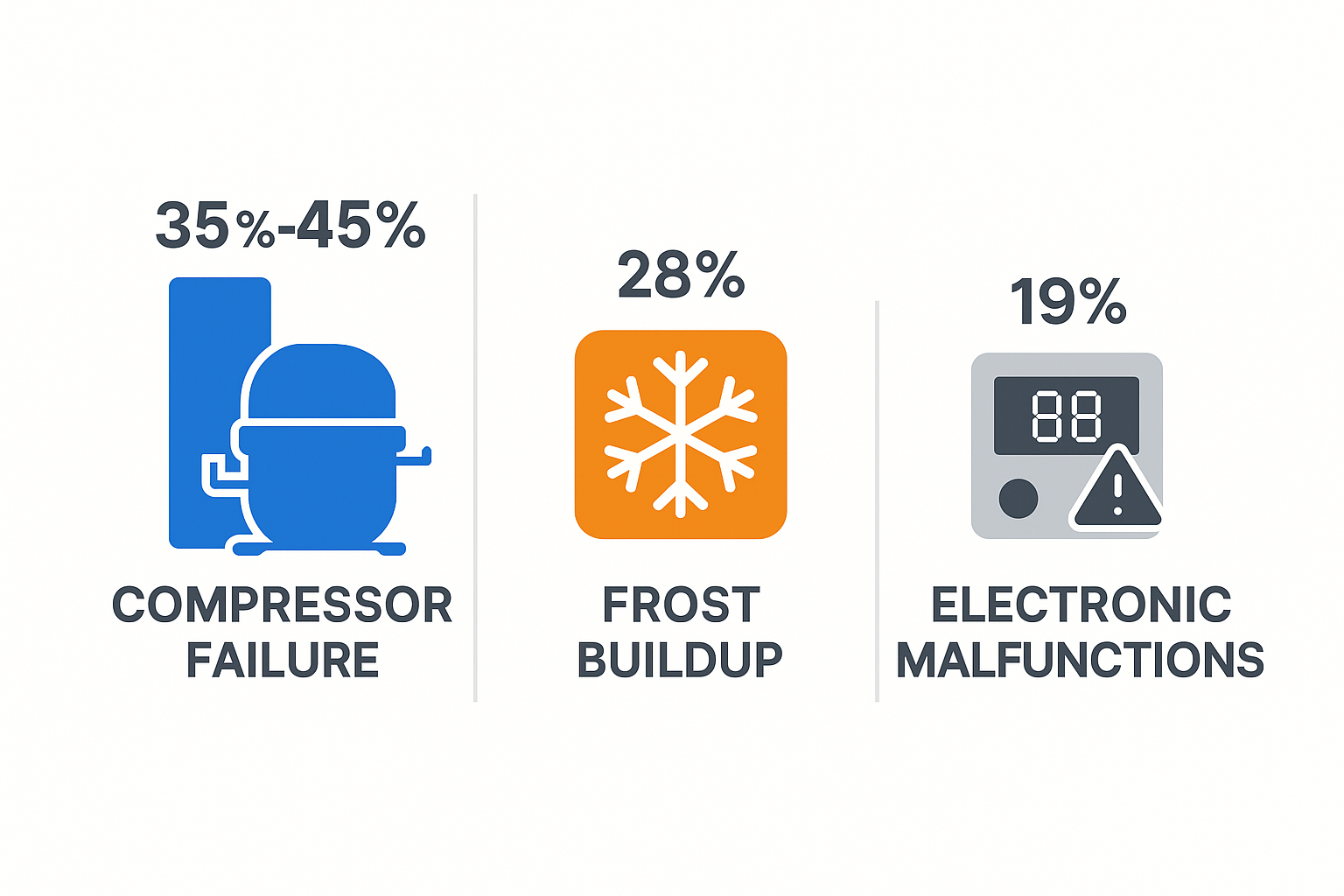 Infographic showing common Subzero refrigerator problems frequency including compressor failure and frost buildup in Staten Island