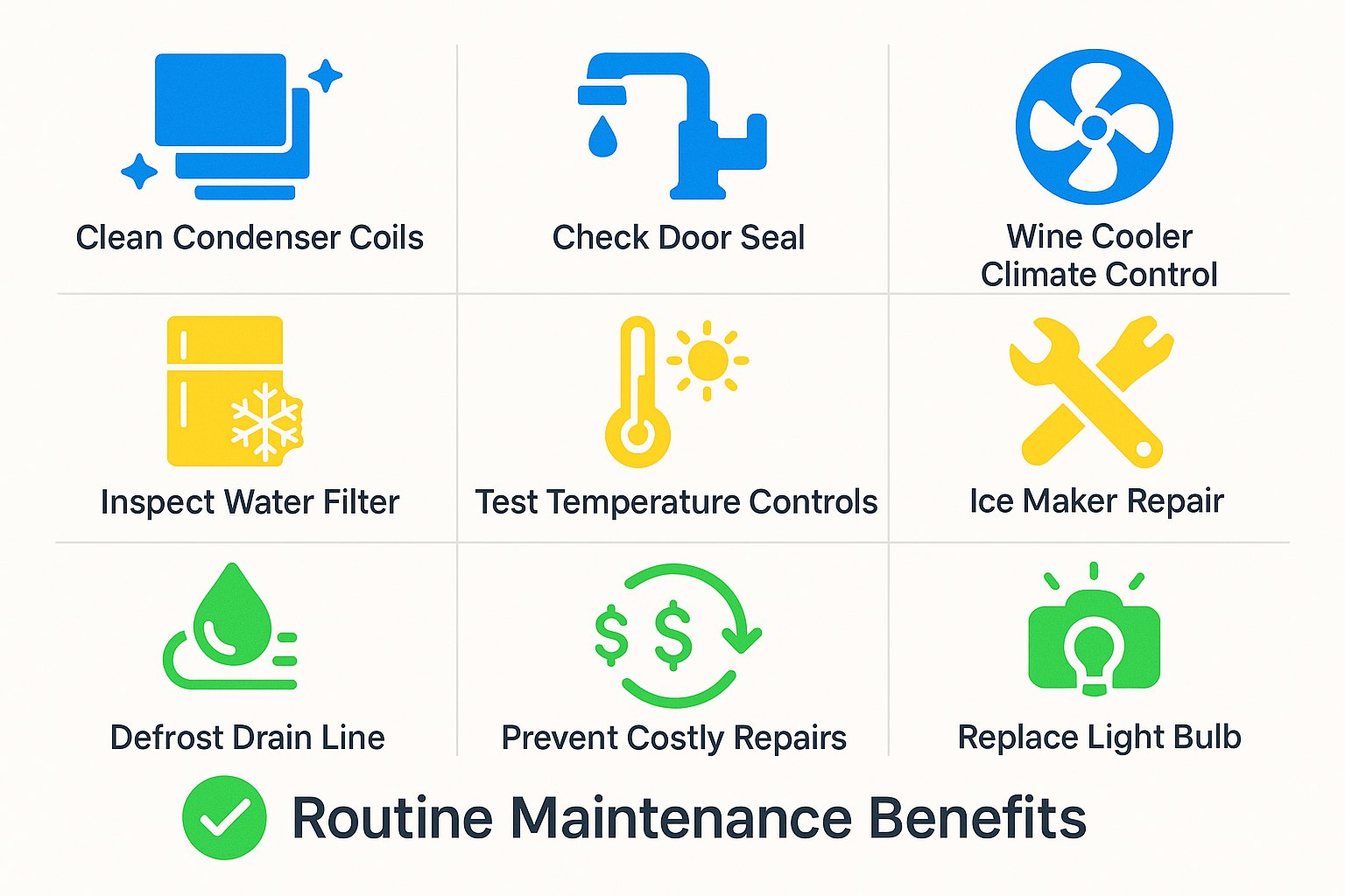 Infographic showing Sub Zero appliance maintenance tasks and repair services