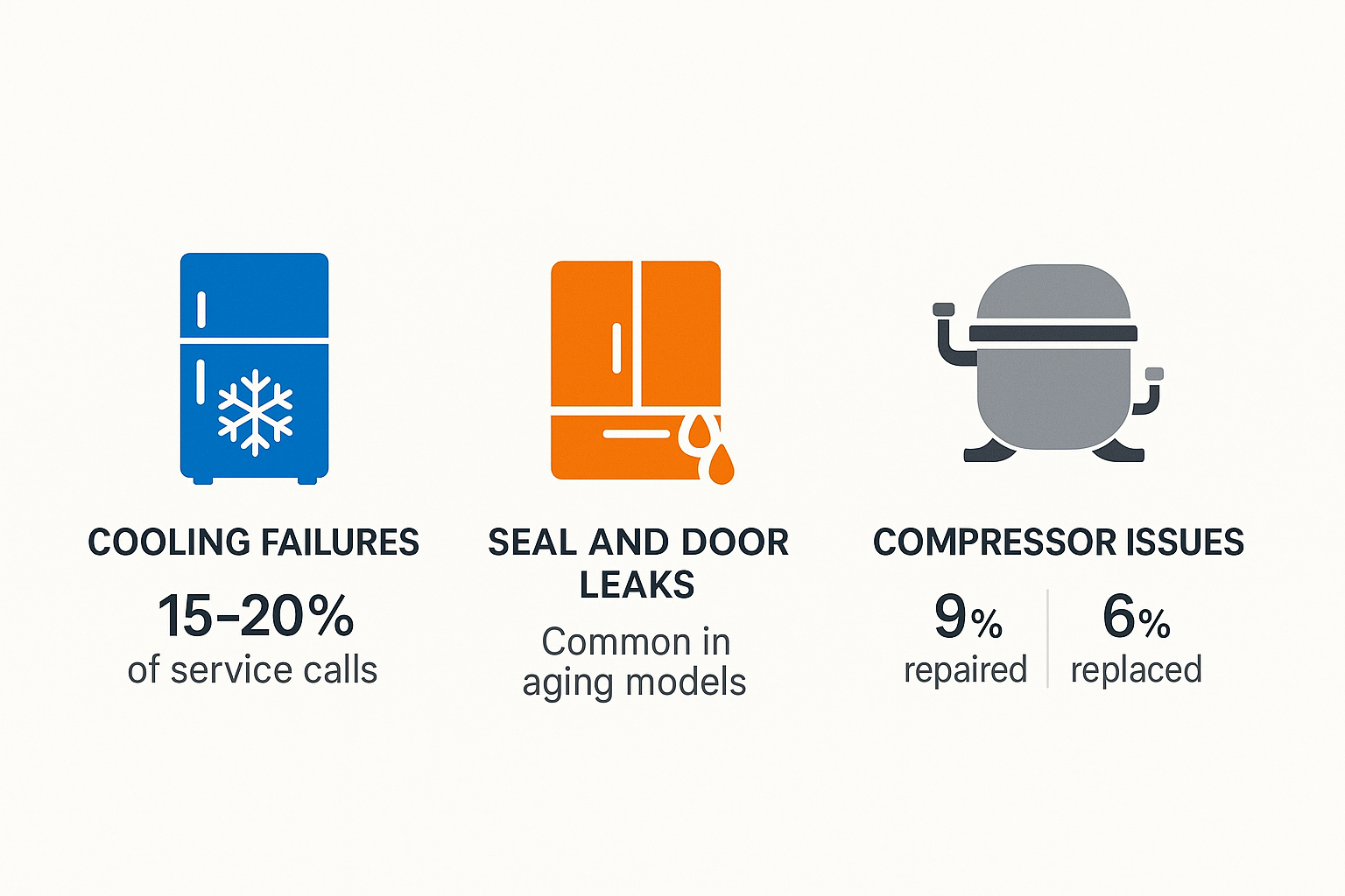 Infographic showing common problems of Subzero refrigerators like cooling failures and seal leaks with repair frequencies