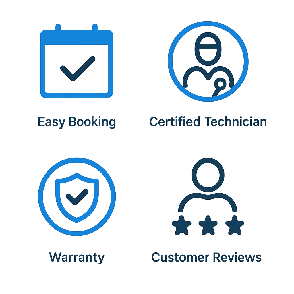 Icon set depicting booking, certification, warranty, and customer satisfaction