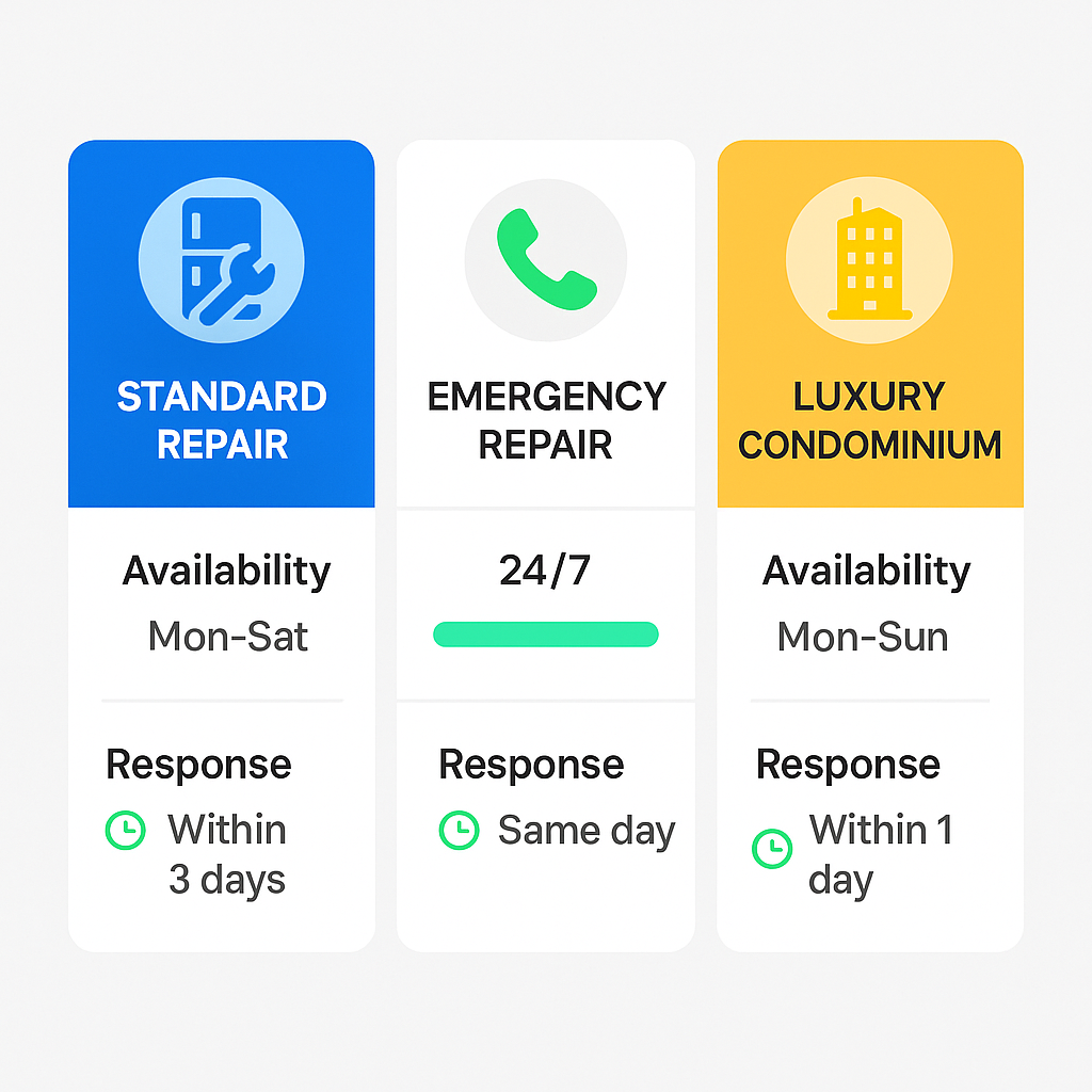 Comparison chart of Sub Zero repair service options including standard, emergency, and luxury condominium services.