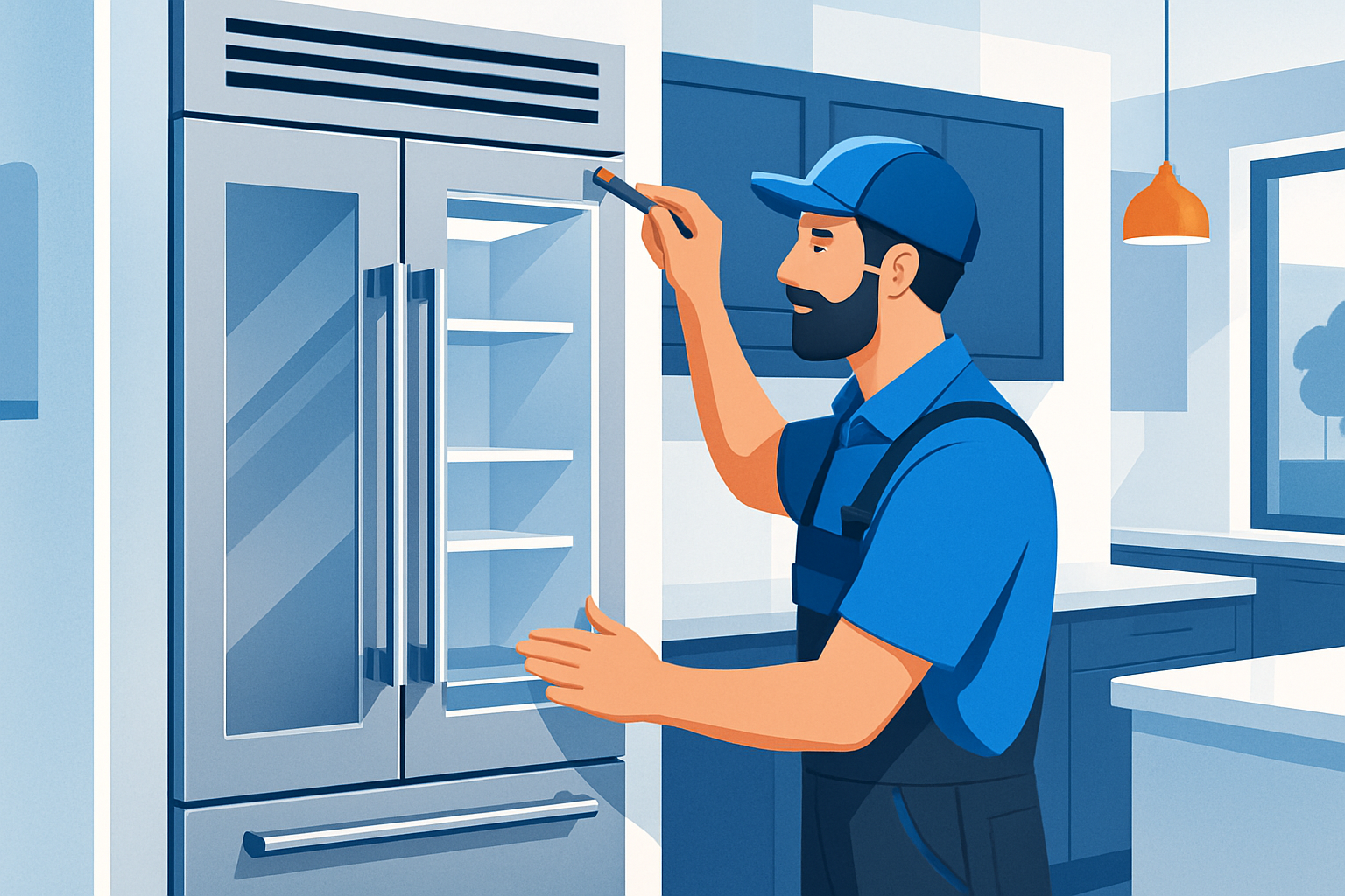 Hero image showing a Sub Zero technician working on a refrigerator, highlighting expert service.