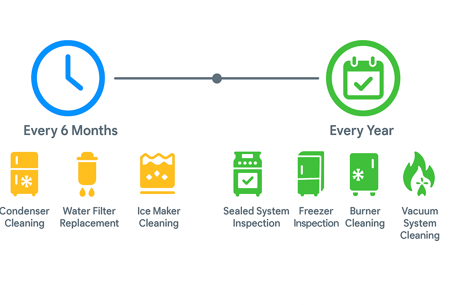 Timeline infographic illustrating recommended bi-annual and annual maintenance schedules for Sub Zero appliances in York