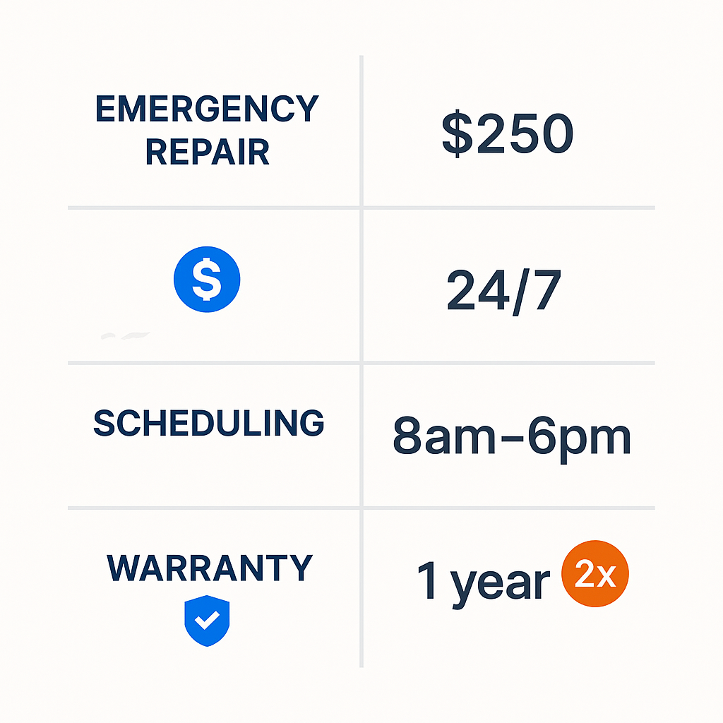 Comparison chart of emergency repair costs, scheduling options, and warranty coverage among top Scranton Sub Zero repair providers