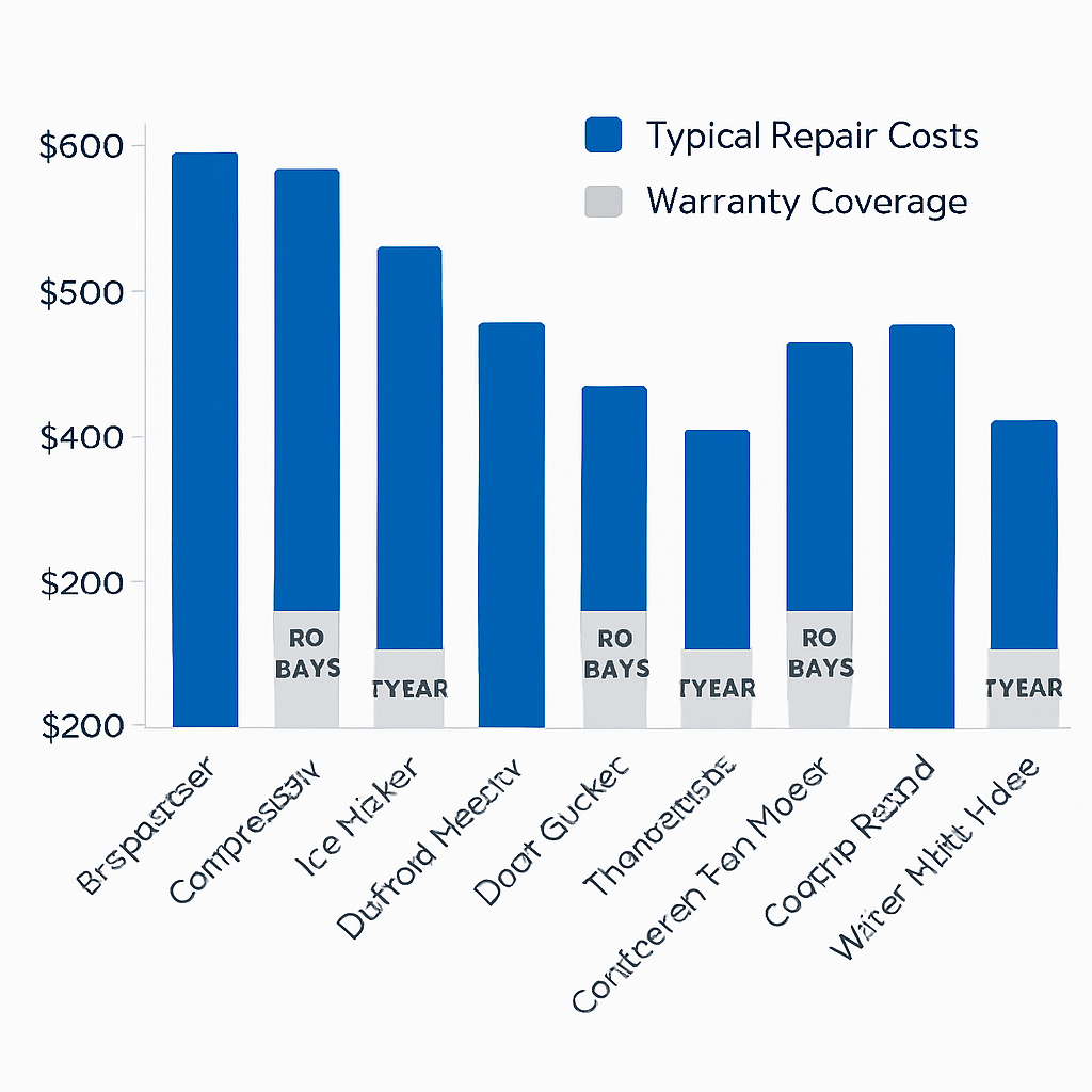 Bar chart showing typical repair costs and warranty coverage durations for Sub Zero refrigerator repairs in Pueblo
