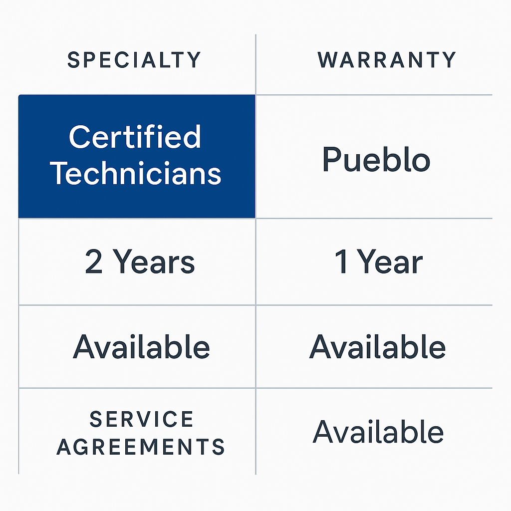 Comparison chart of certified Sub Zero refrigerator repair technicians' specialties, warranty offerings, and service agreements in Pueblo