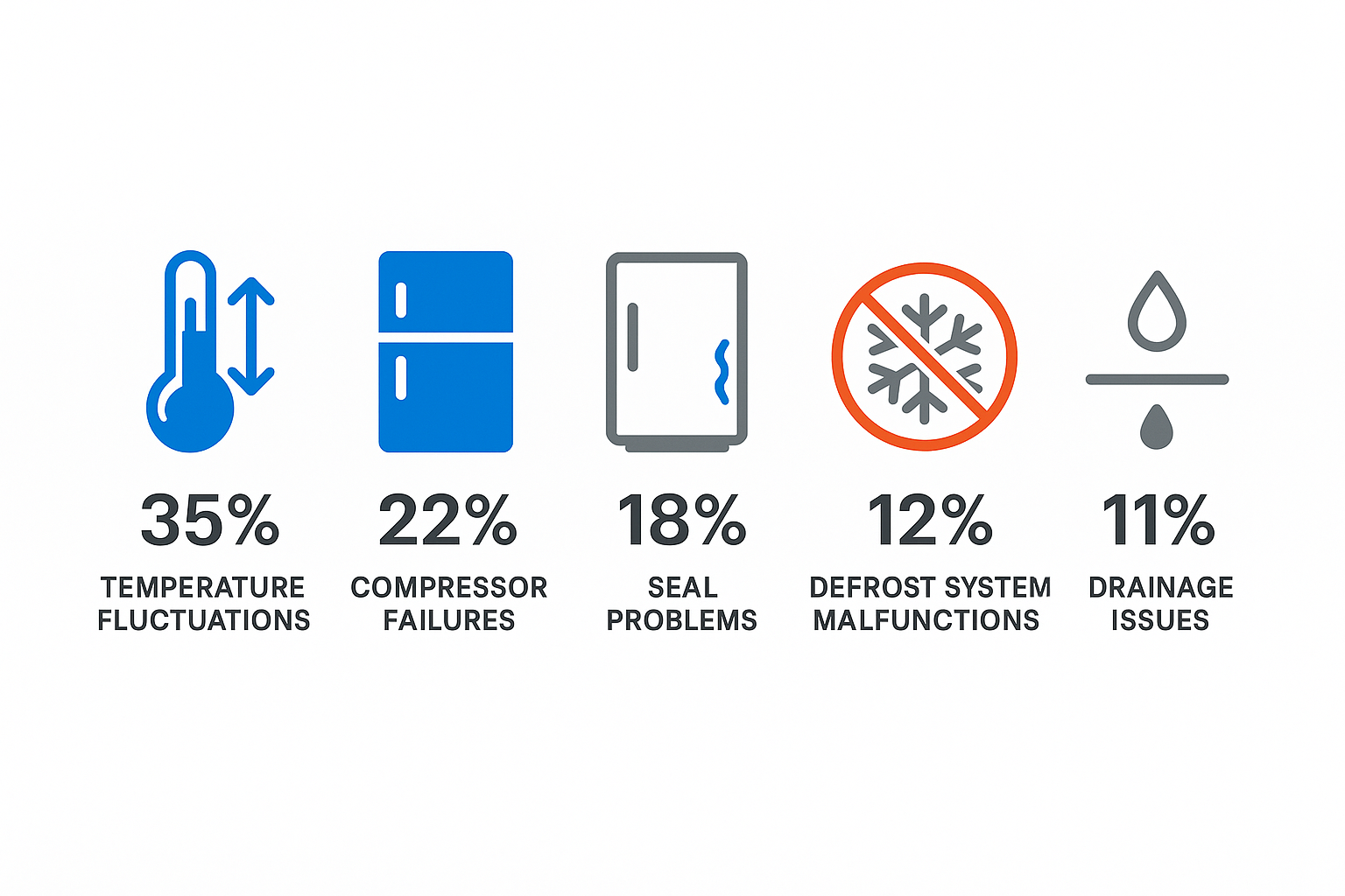 Infographic illustrating top 5 common Subzero refrigerator problems with simple icons and data points.