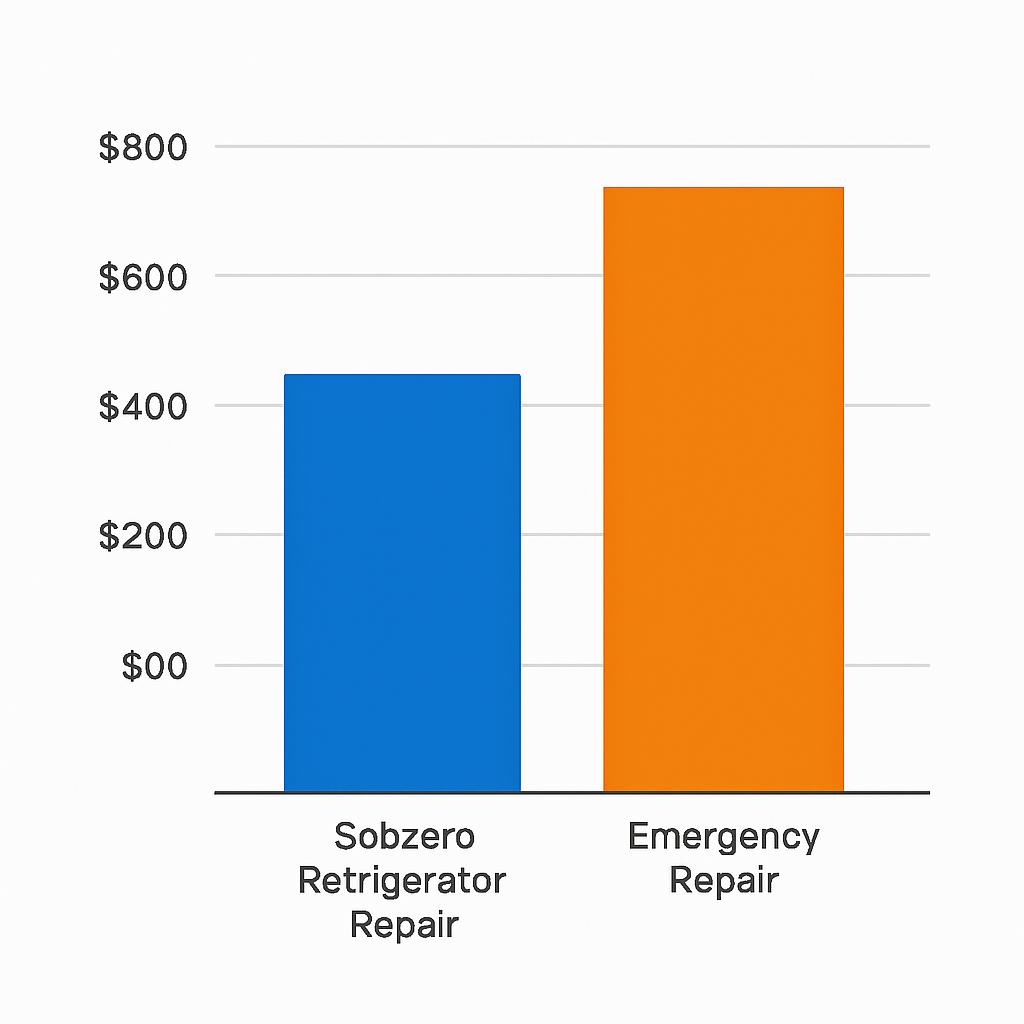Bar chart comparing average costs of standard and emergency Subzero refrigerator repairs in Clearwater.
