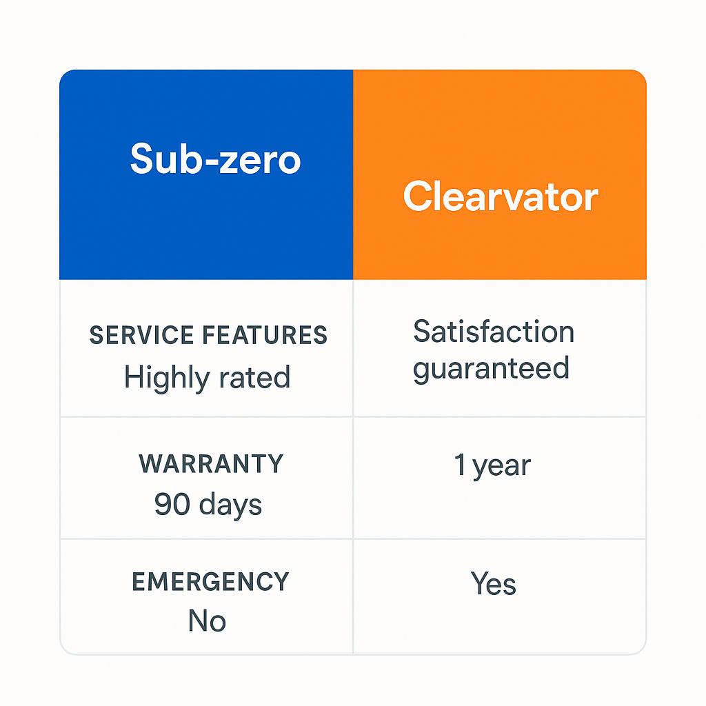 Comparison chart of local certified Subzero refrigerator repair providers highlighting service features and emergency options.
