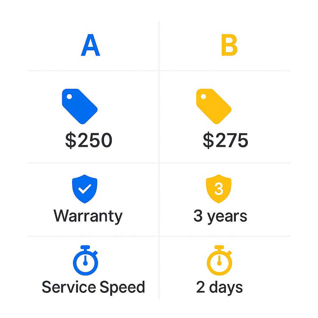 Comparison chart of top Sub Zero refrigerator repair service providers in Waco highlighting pricing, warranty, and service speed