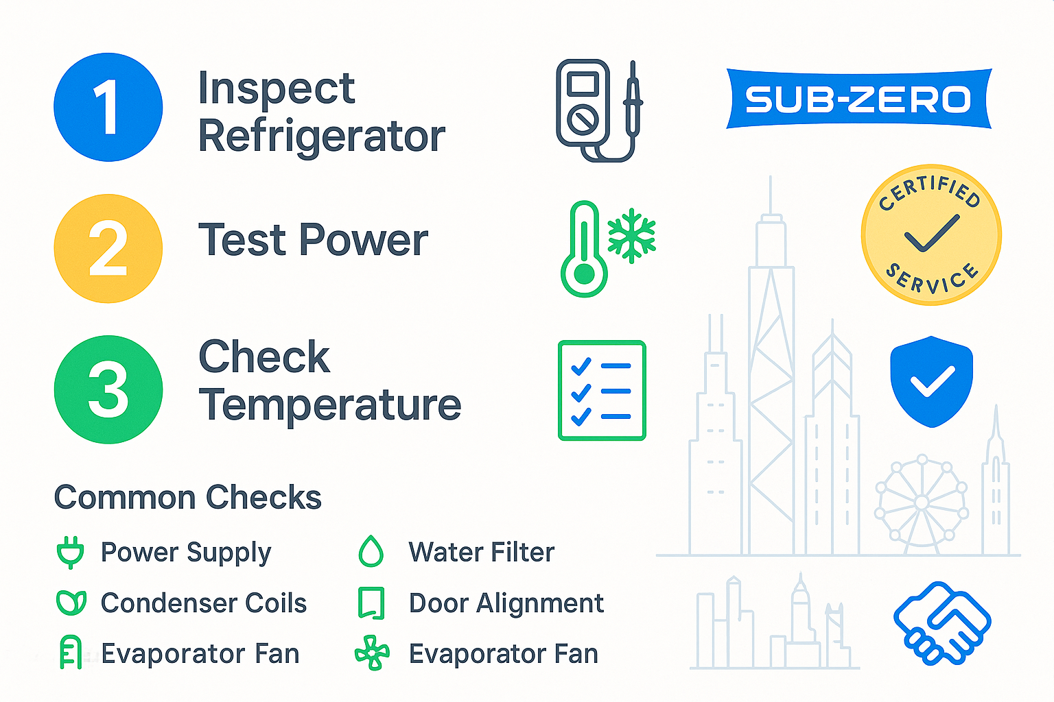 Step-by-step infographic illustrating the diagnostic process and common checks for Sub-Zero refrigerators, featuring certification badges and Chicago landmark iconography.