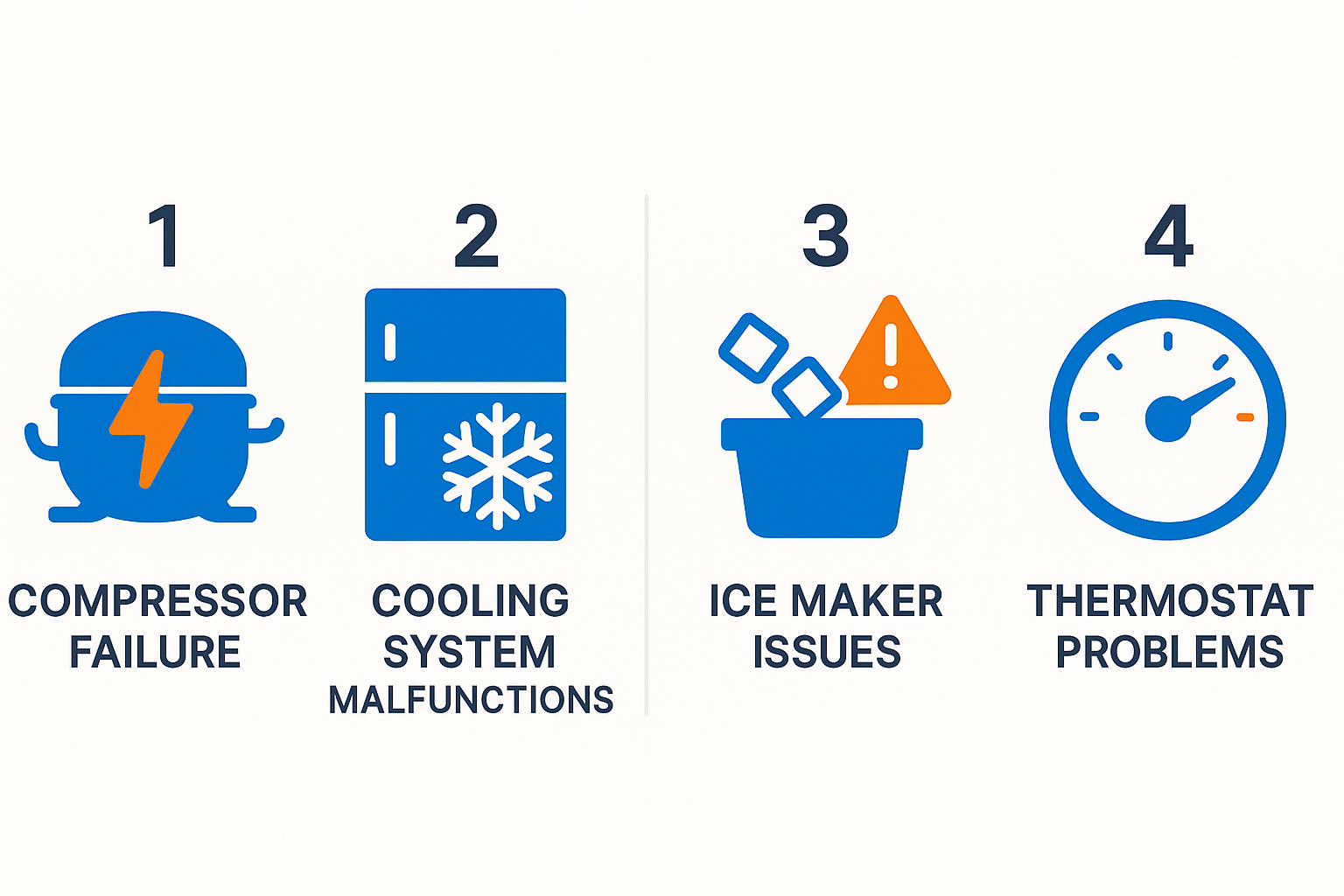 Infographic illustrating top 4 common Subzero fridge problems in Dallas: compressor failure, cooling system malfunctions, ice maker issues, thermostat problems