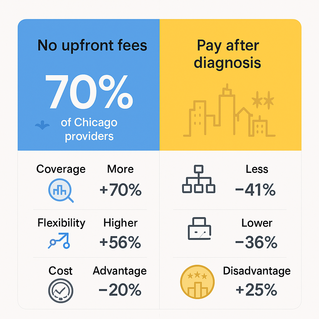 Side-by-side comparison chart of Chicago appliance providers with no upfront diagnostic fees and pay-after-diagnosis models, including certification badges and Chicago regional iconography.