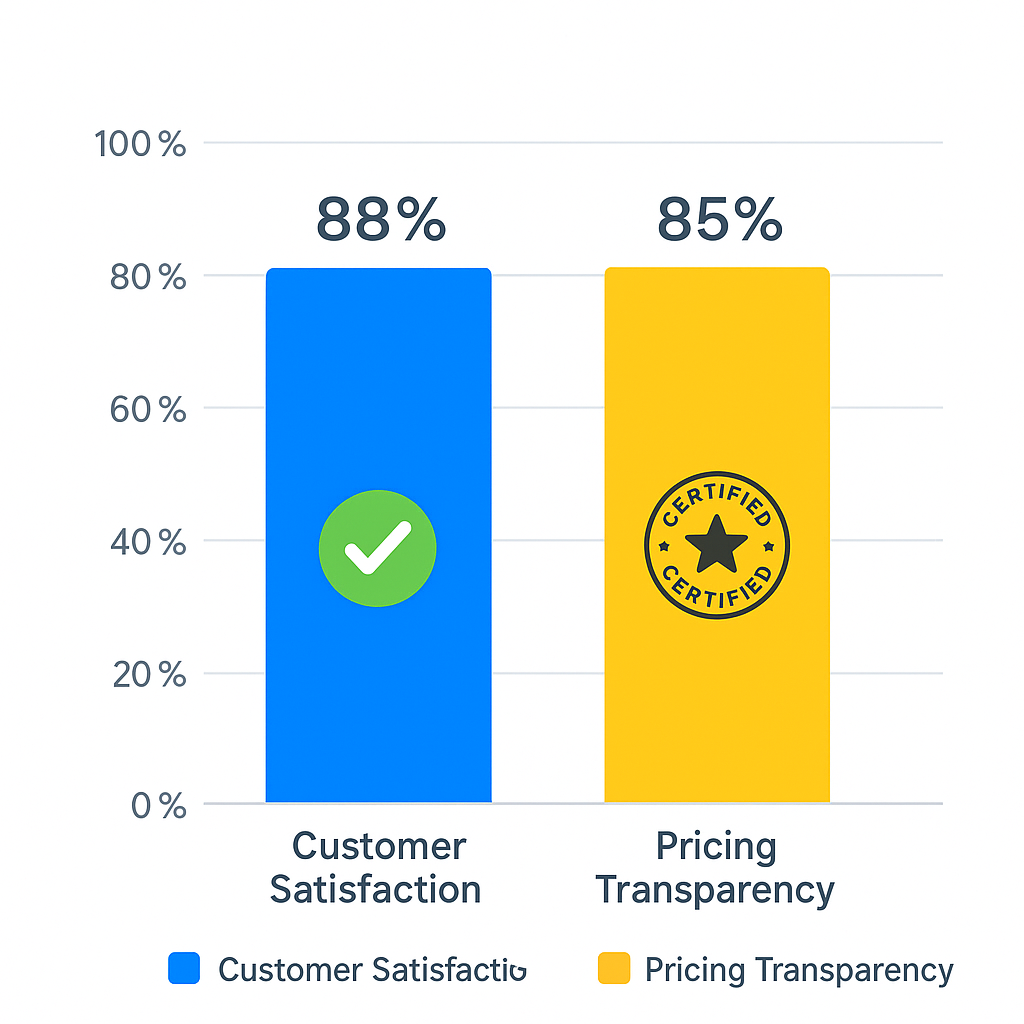 Bar chart illustrating customer satisfaction rates and pricing transparency for Chicago Sub-Zero refrigerator repair services including trust and certification icons.