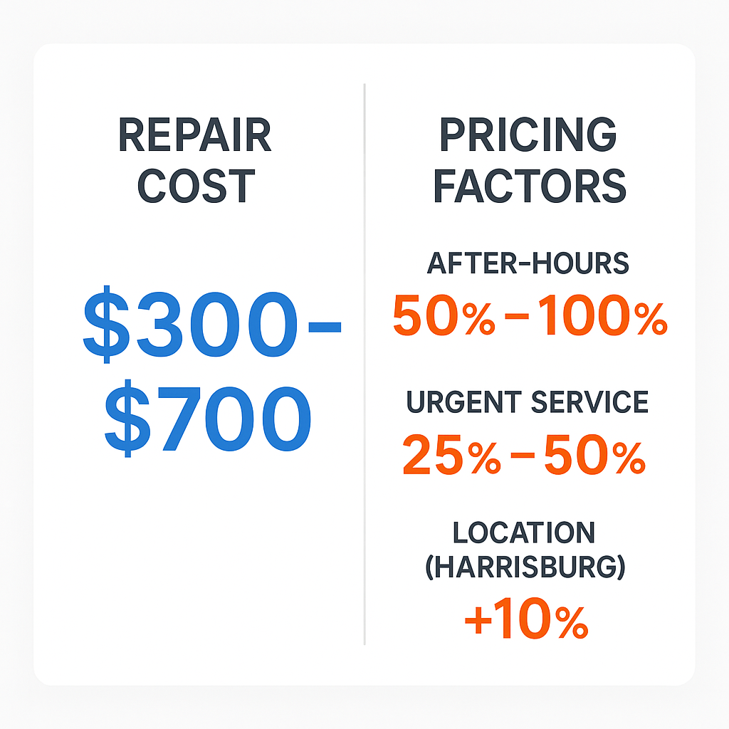 Comparison chart of costs and pricing factors affecting emergency coolant leak repair in Harrisburg