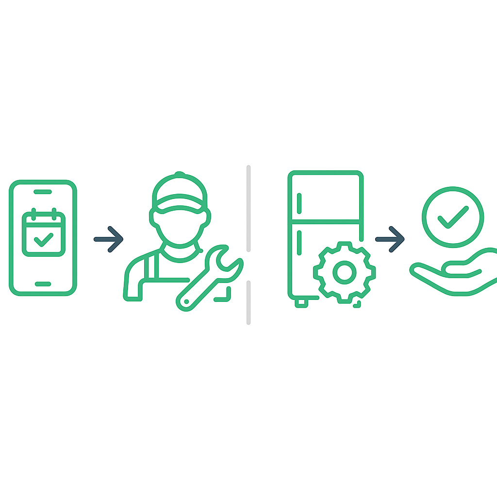Infographic showing icon-based stages of refrigerator repair workflow