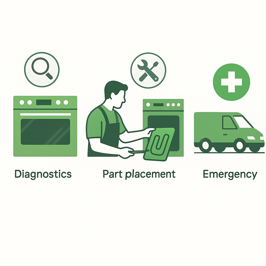 Infographic illustrating Thermador oven repair process steps and emergency service options