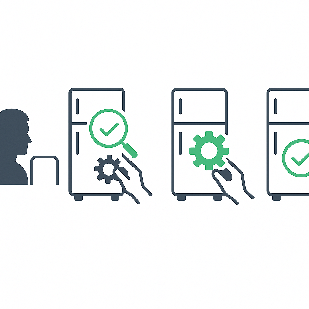 Infographic with icons for diagnosis, part removal, genuine part replacement, and quality check