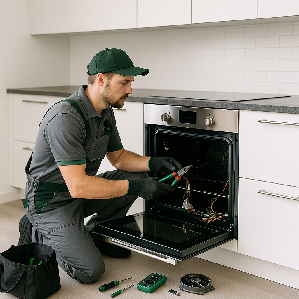 Professional technician repairing a high-end Thermador kitchen appliance