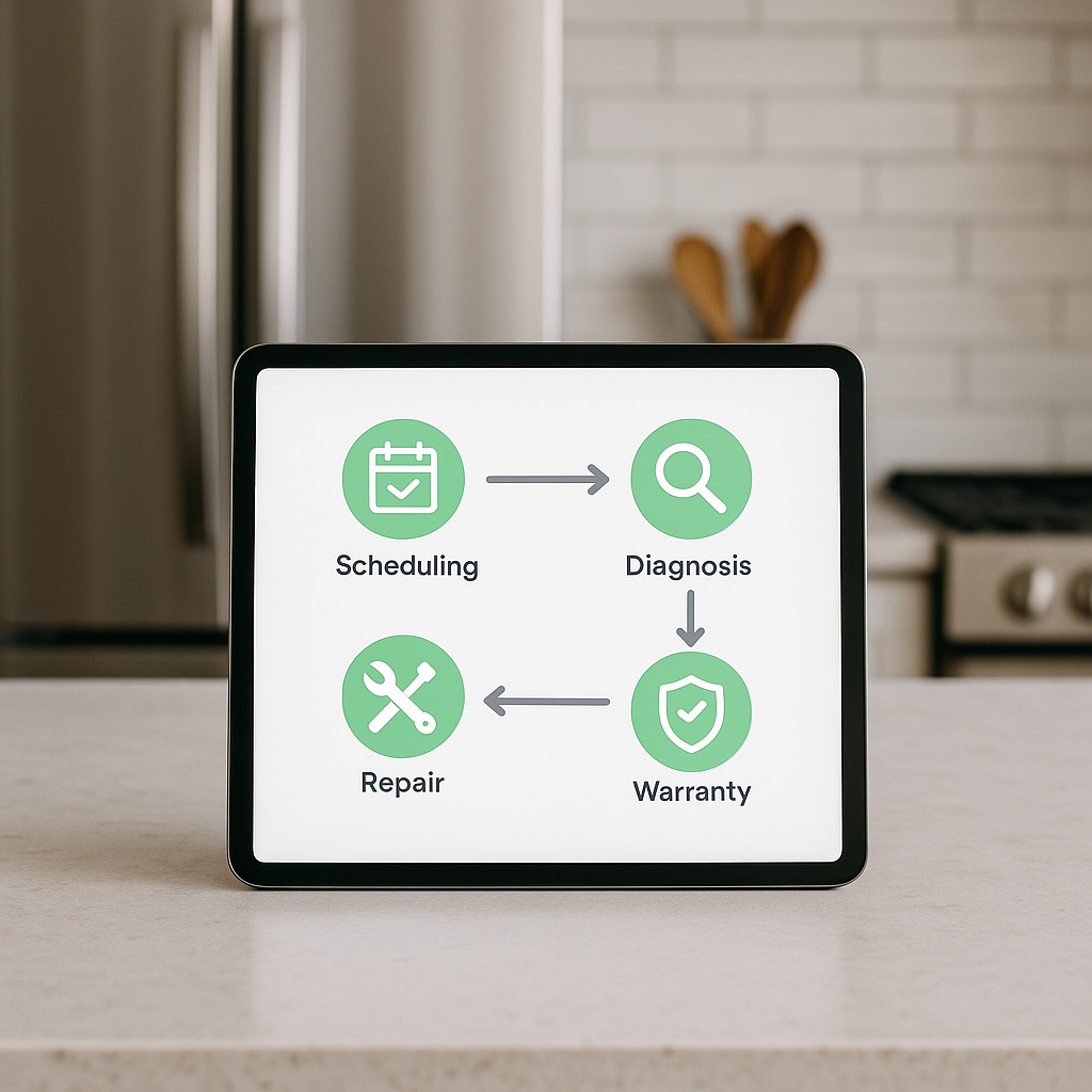 Tablet displays repair service process through clear icons